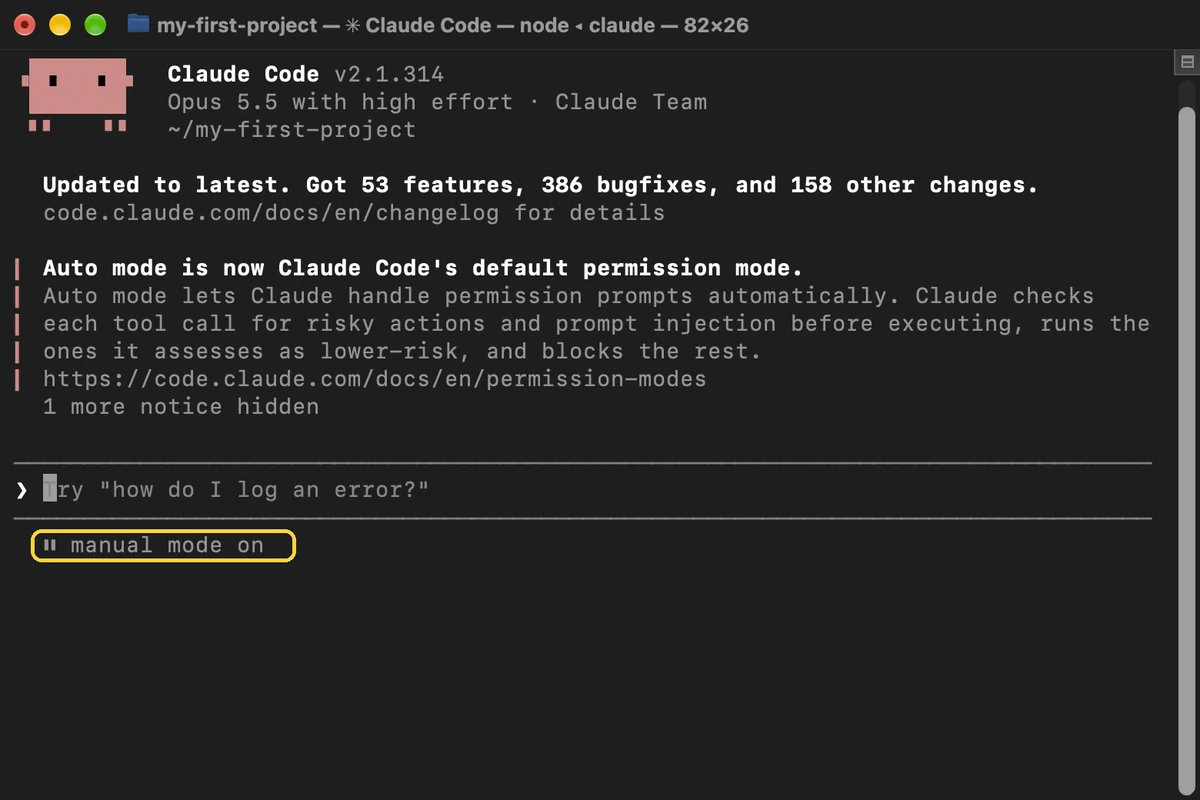 Claude Code, step 15: Turn on manual mode