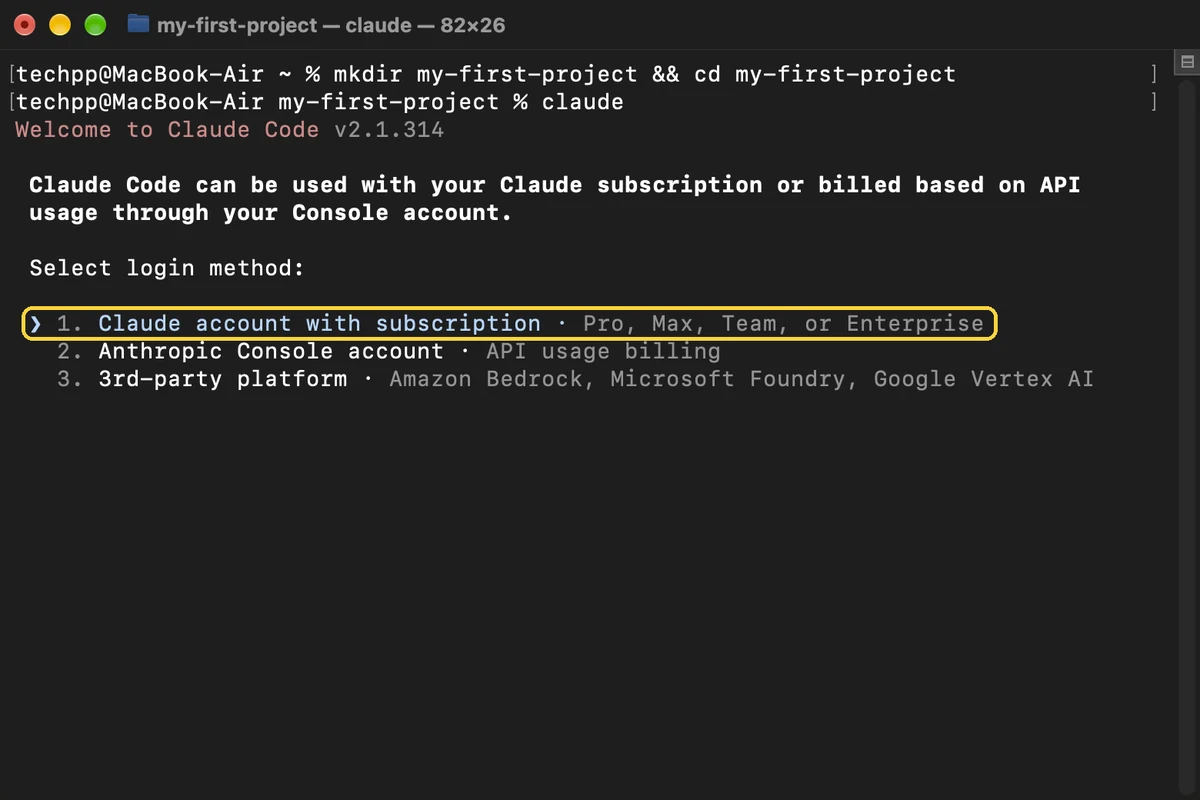 Claude Code, step 10: Choose how to sign in