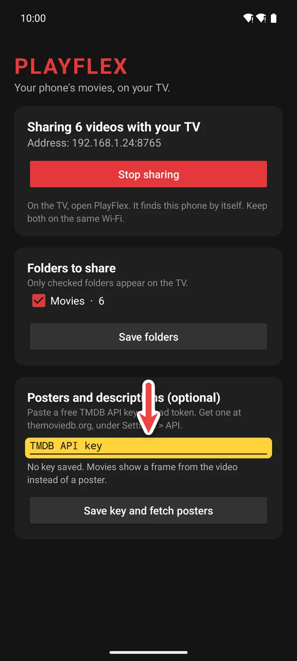 The TMDB API key box in PlayFlex settings
