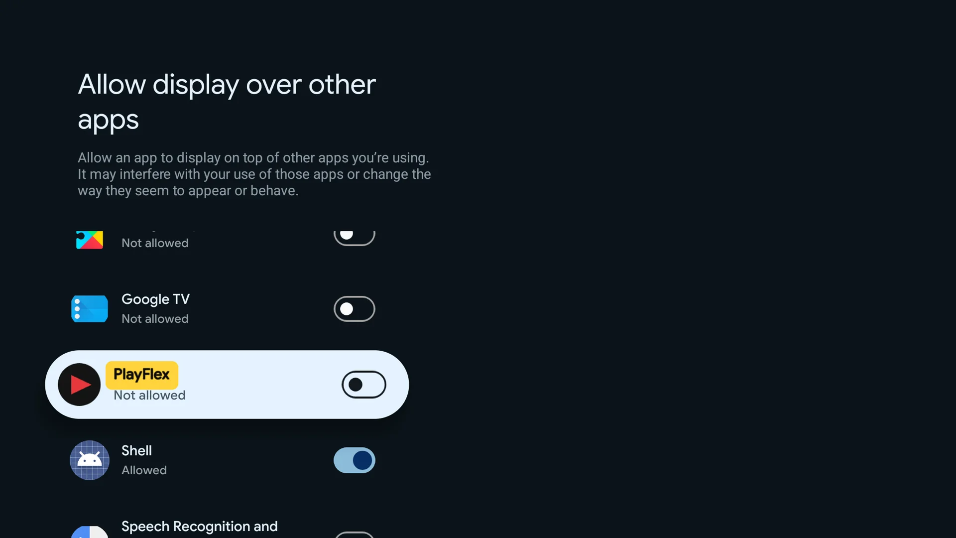 Allow display over other apps with PlayFlex selected and Not allowed