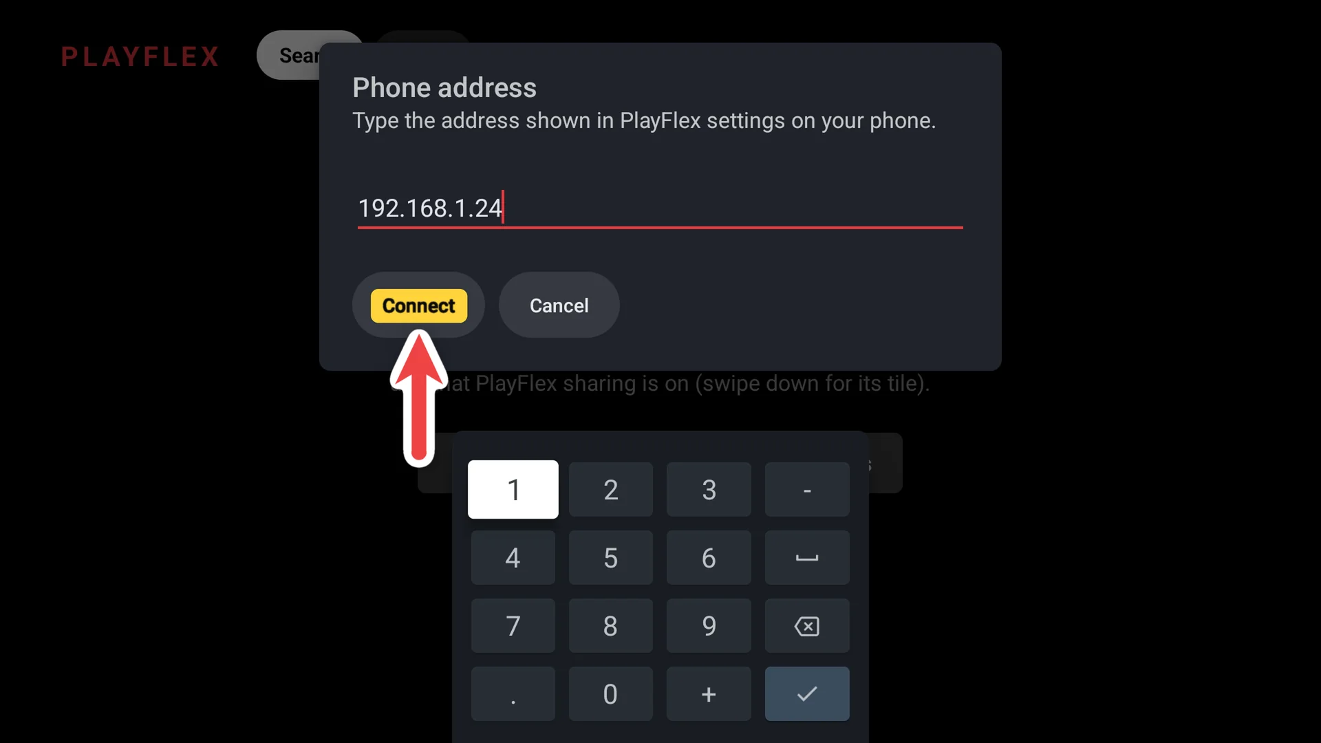 The TV's Phone address box with 192.168.1.24 typed and Connect highlighted