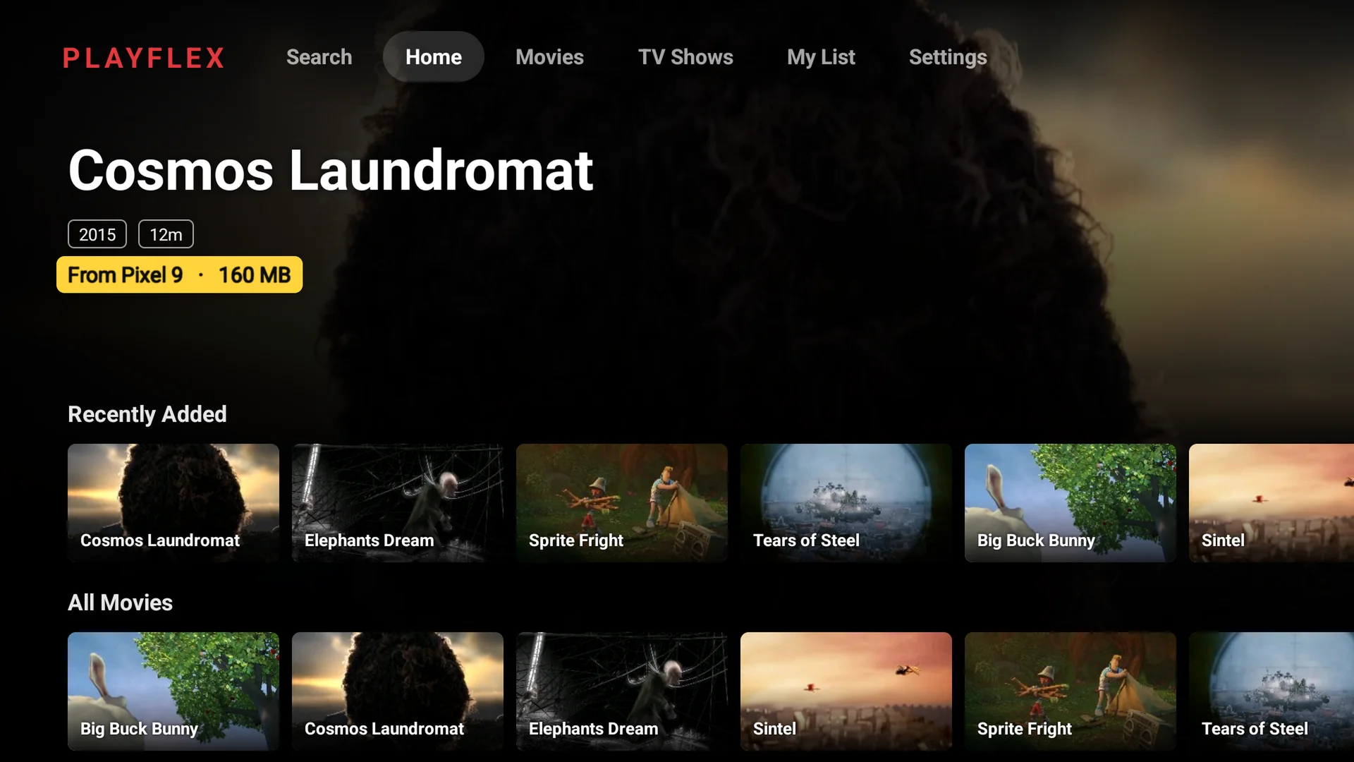 PlayFlex home on the TV with the phone's movies and From Pixel 9 highlighted