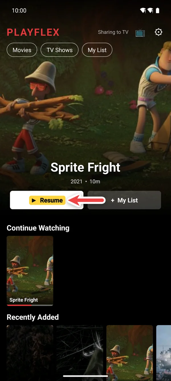 PlayFlex home on the phone with Sprite Fright and Resume highlighted