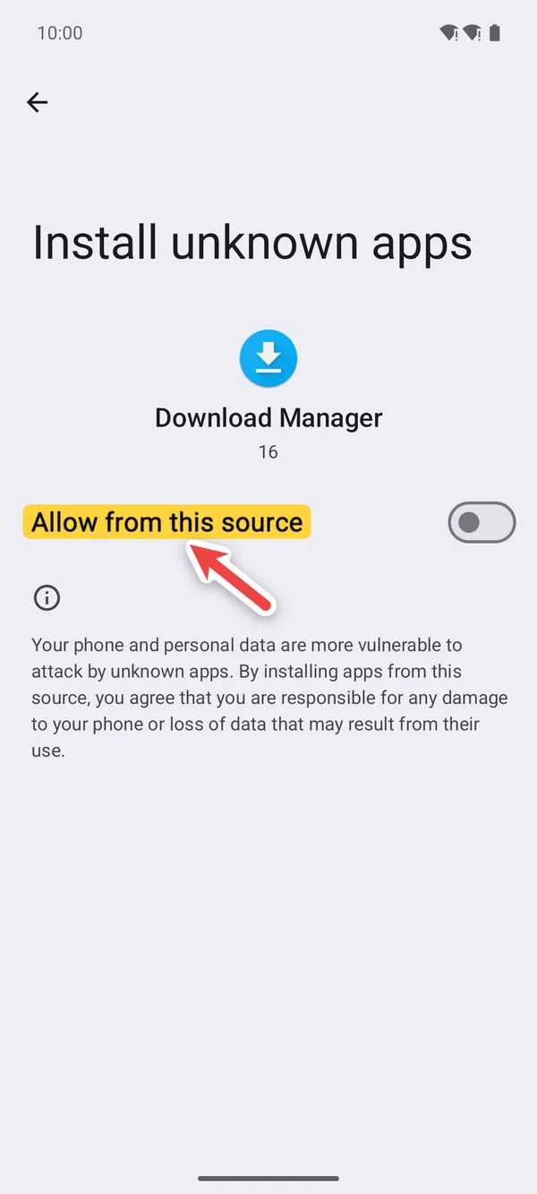 Install unknown apps with Allow from this source highlighted