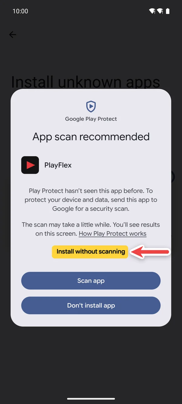 More details open, with Install without scanning highlighted