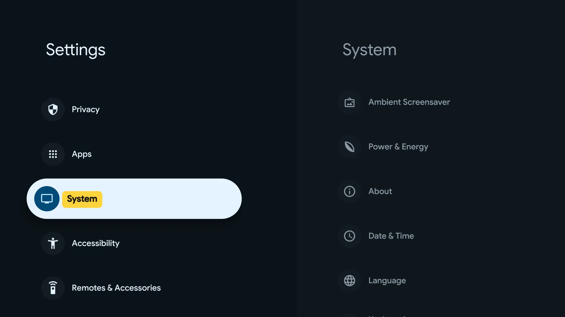 Google TV Settings with System selected