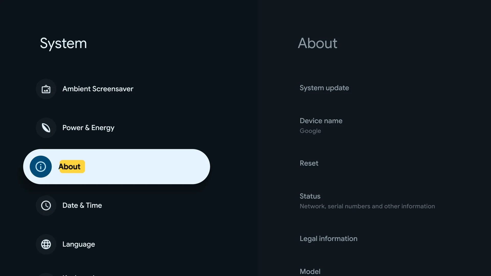 System settings with About selected