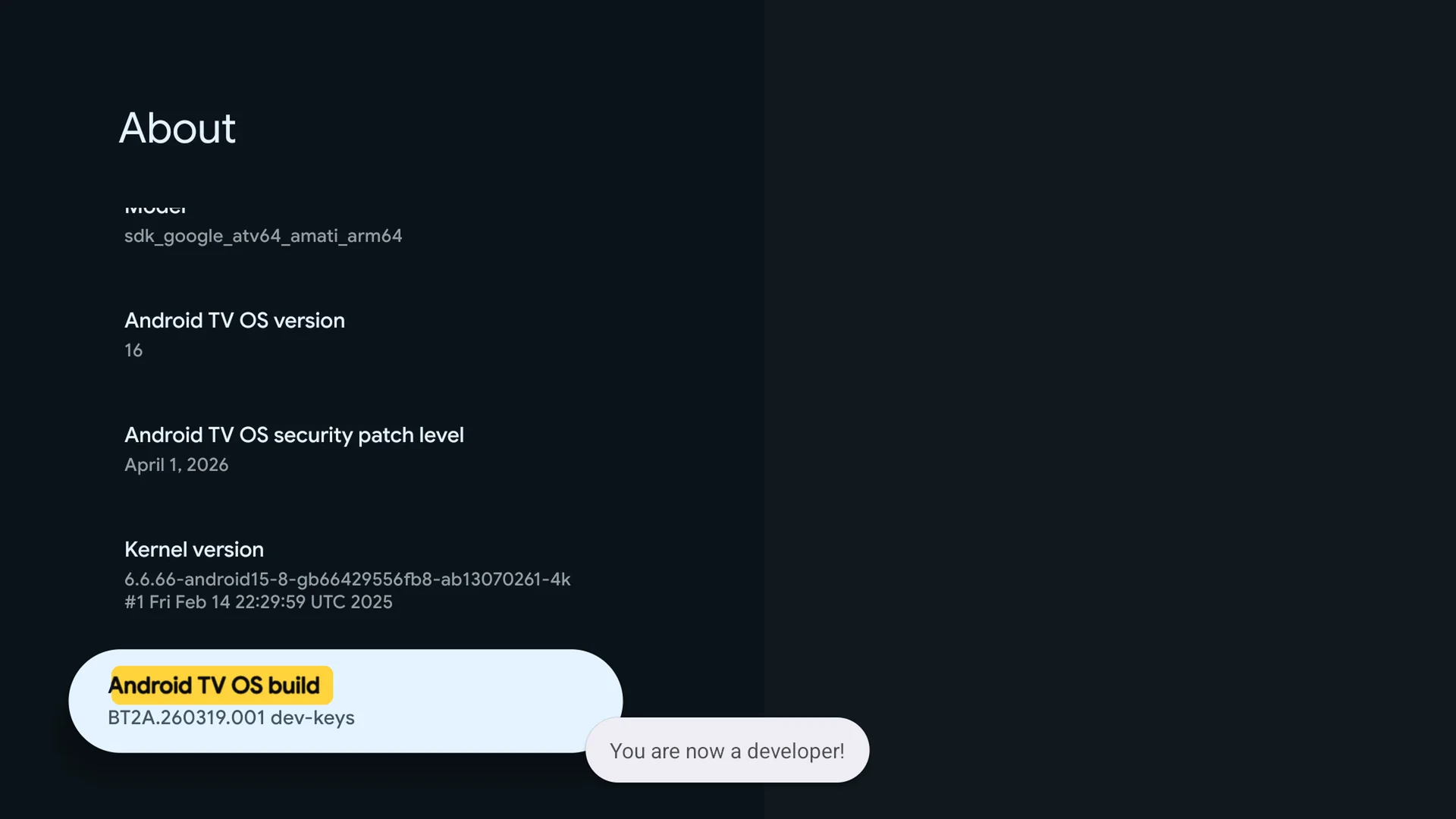 About screen with Android TV OS build selected and the message You are now a developer