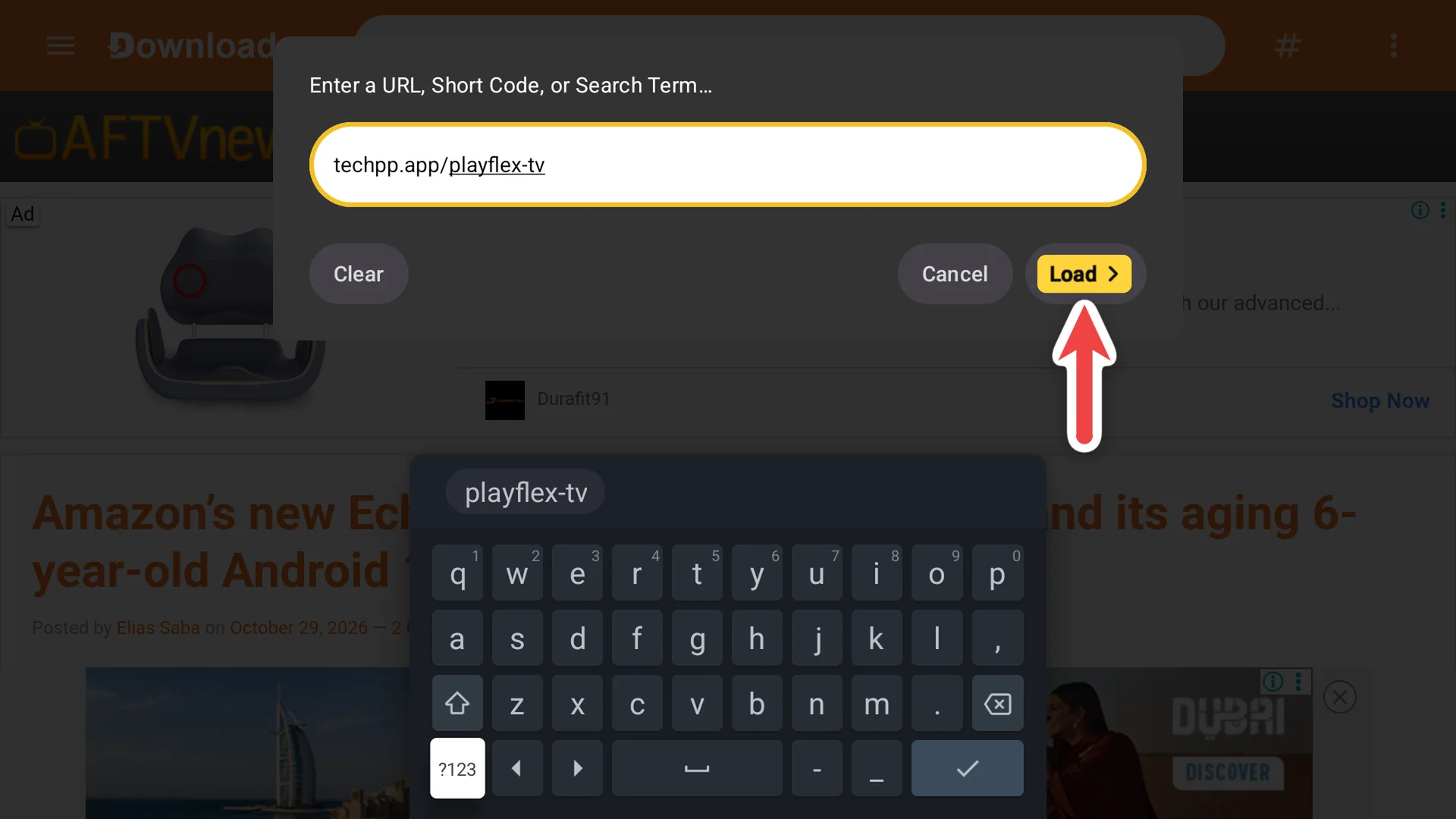 Downloader's address box with techpp.app/playflex-tv typed in and Load highlighted