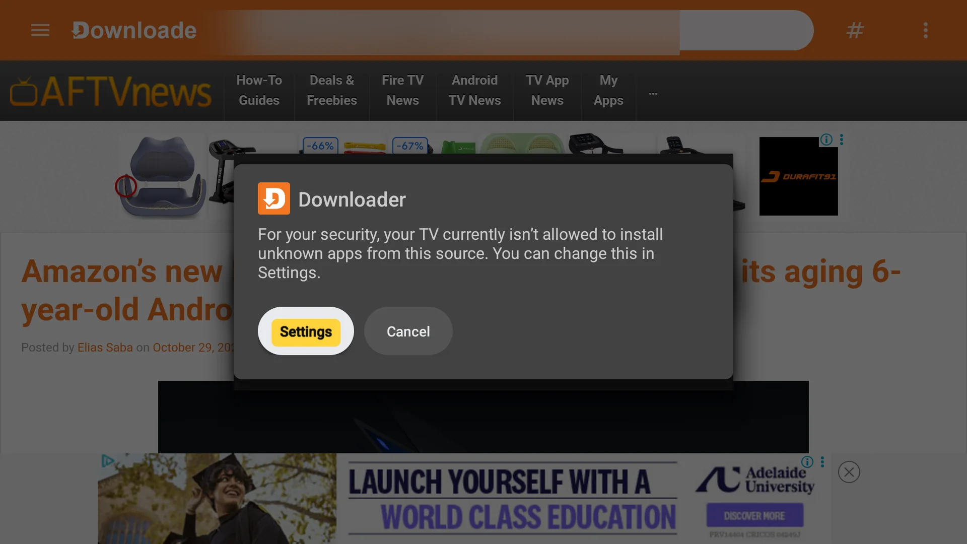 The TV's message that it isn't allowed to install unknown apps from Downloader, with Settings selected