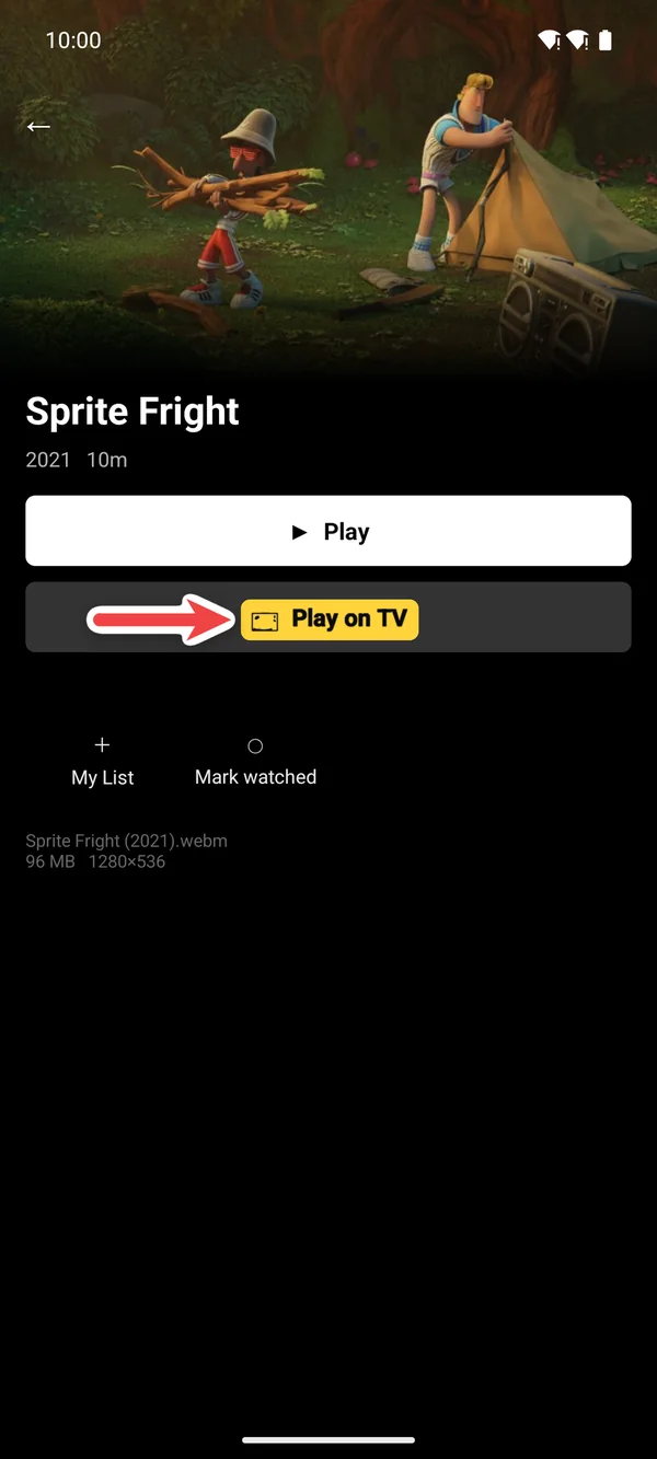 Sprite Fright's page on the phone with Play on TV highlighted