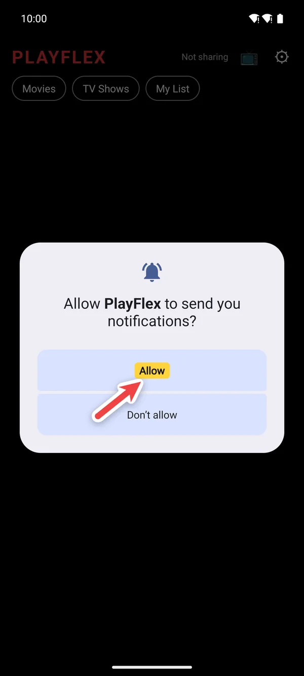 Allow PlayFlex to send you notifications? with Allow highlighted