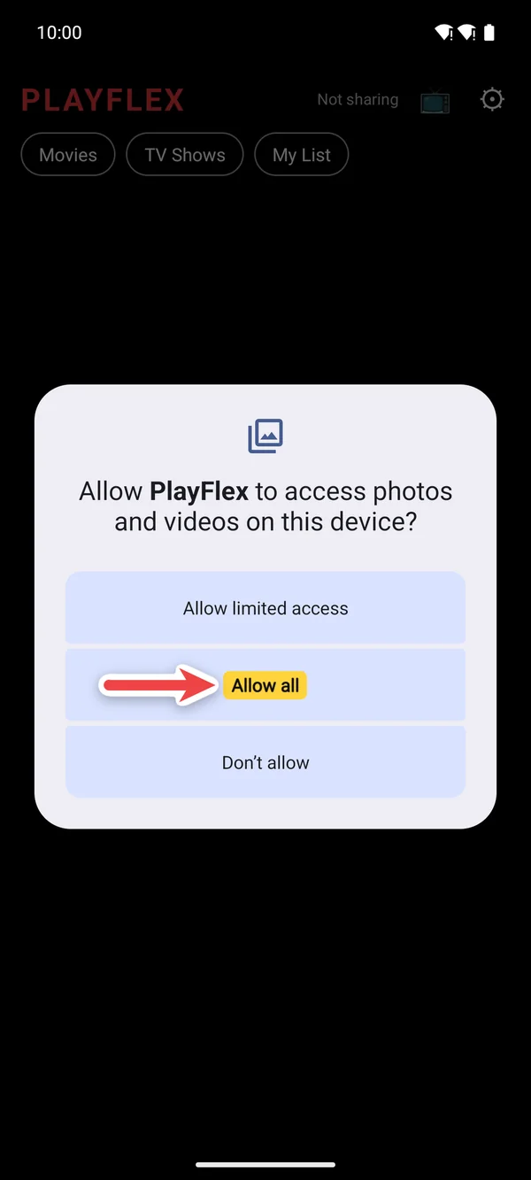 Allow PlayFlex to access photos and videos? with Allow all highlighted