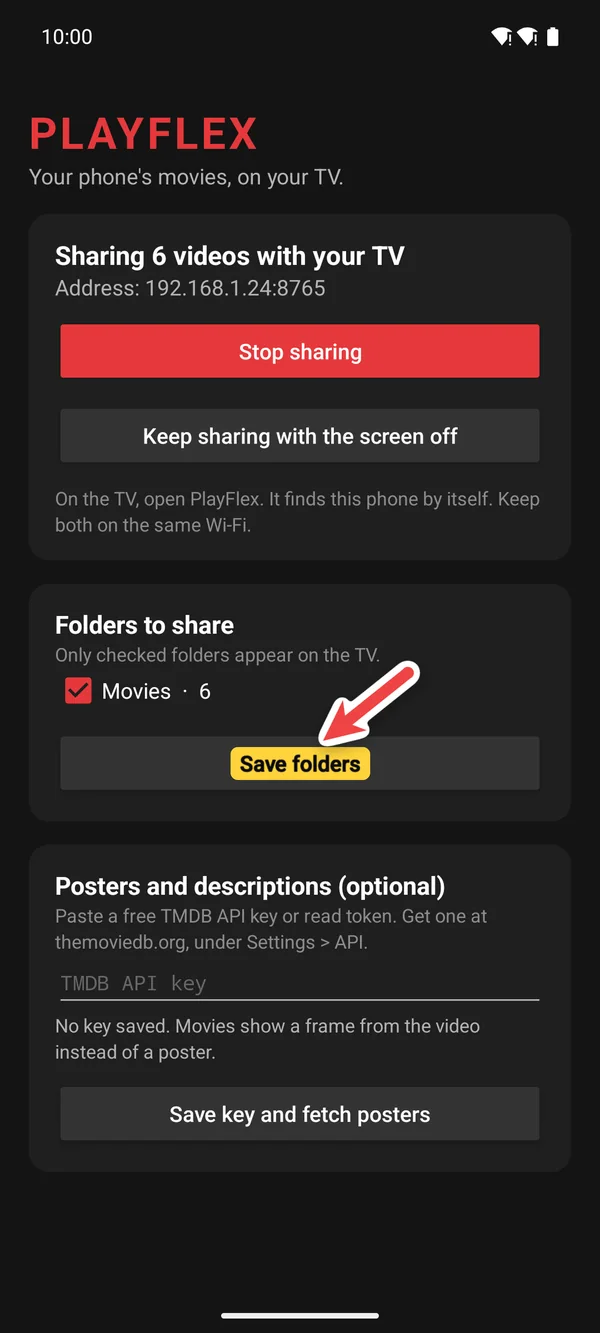 Folders to share with the Movies folder ticked and Save folders highlighted