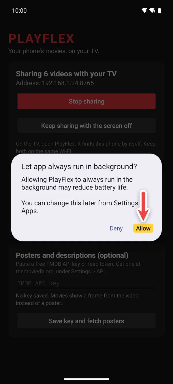 Let app always run in background? with Allow highlighted