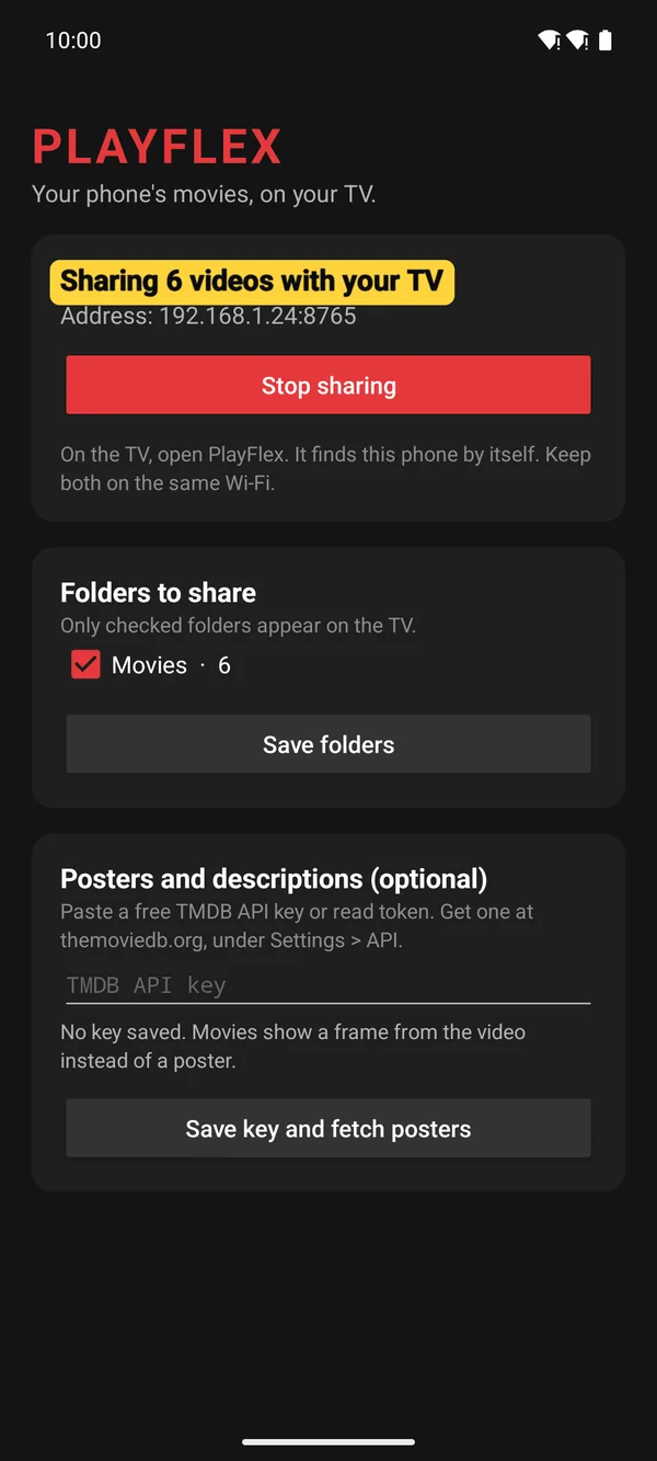 PlayFlex settings on the phone showing the address 192.168.1.24:8765