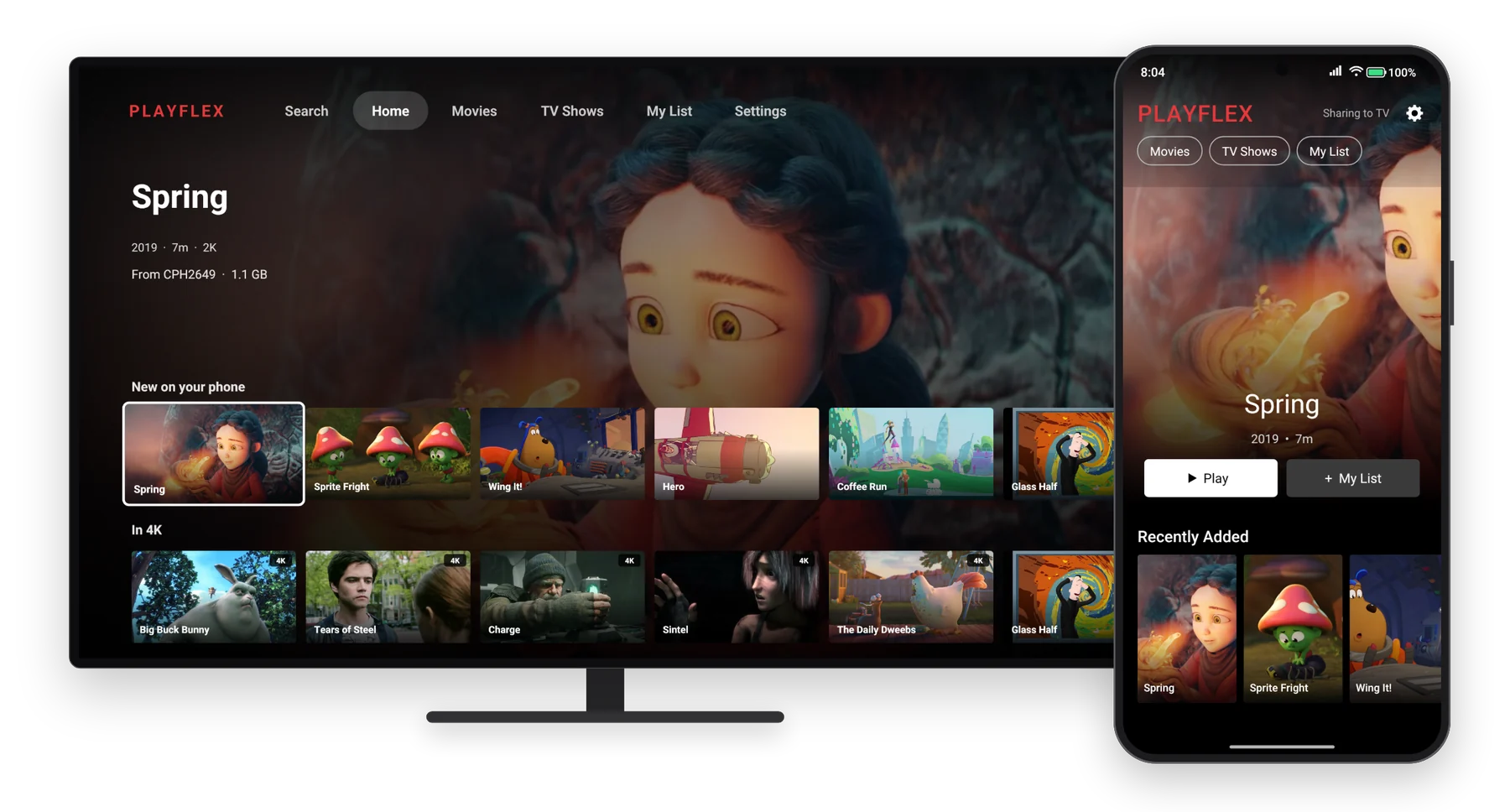 PlayFlex on an Android TV and an Android phone, showing the same movie library